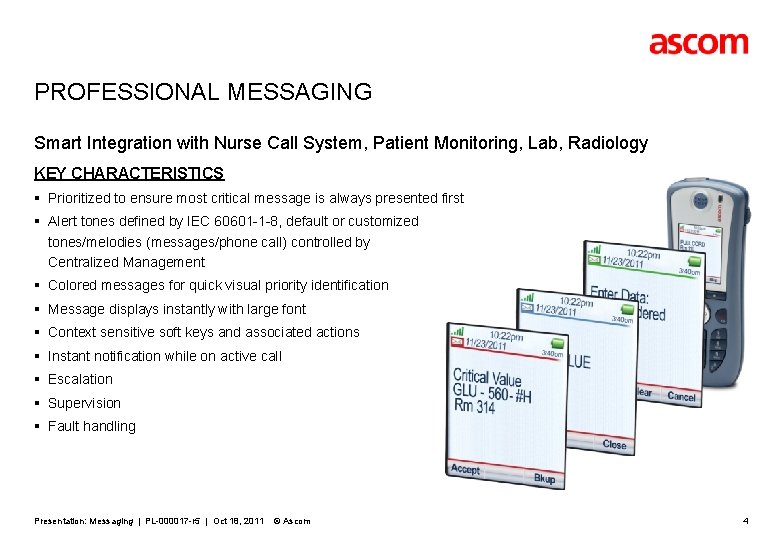 PROFESSIONAL MESSAGING Smart Integration with Nurse Call System, Patient Monitoring, Lab, Radiology KEY CHARACTERISTICS