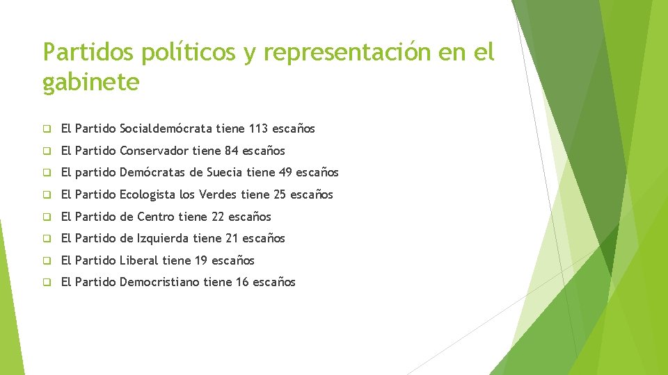 Partidos políticos y representación en el gabinete q El Partido Socialdemócrata tiene 113 escaños