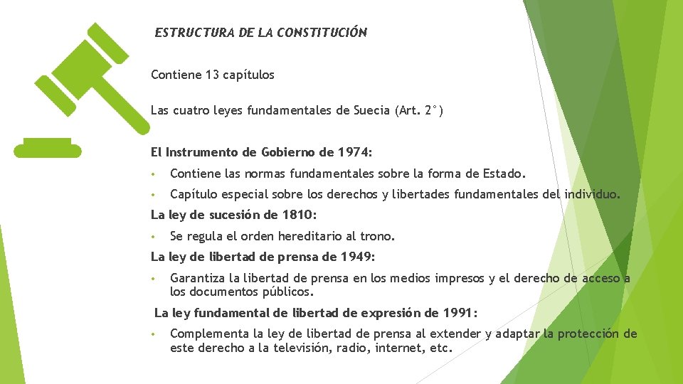 ESTRUCTURA DE LA CONSTITUCIÓN Contiene 13 capítulos Las cuatro leyes fundamentales de Suecia (Art.