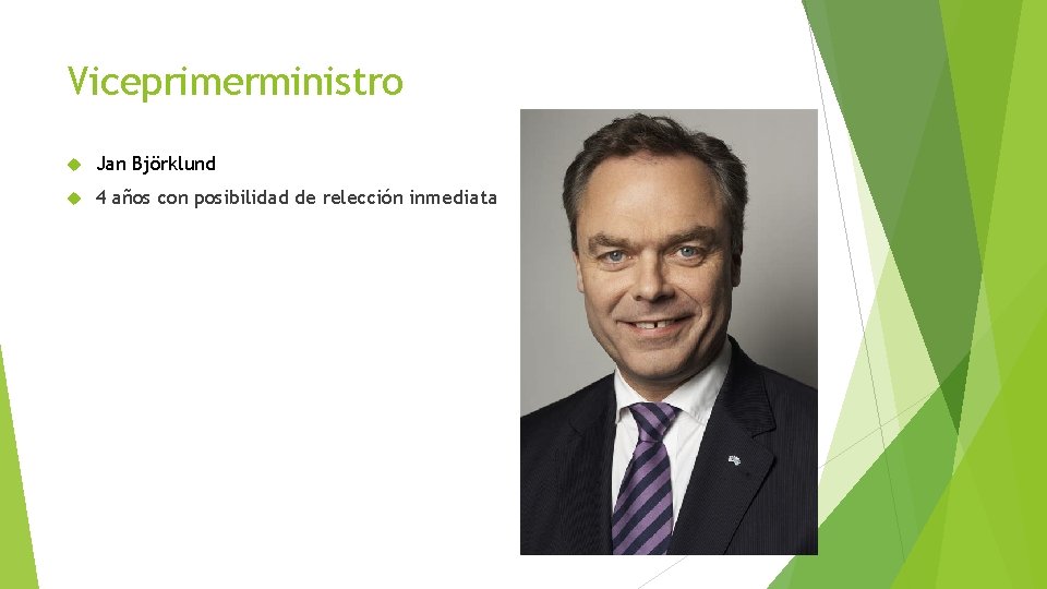 Viceprimerministro Jan Björklund 4 años con posibilidad de relección inmediata 