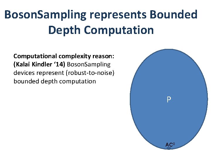 Boson. Sampling represents Bounded Depth Computational complexity reason: (Kalai Kindler ‘ 14) Boson. Sampling Boson. Sampling represents Bounded Depth Computational complexity reason: (Kalai Kindler ‘ 14) Boson. Sampling