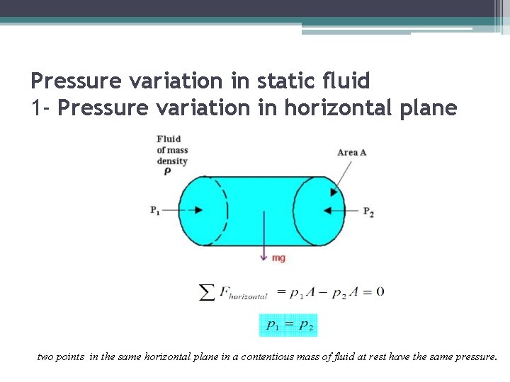 Pressure variation in static fluid 1 - Pressure variation in horizontal plane two points