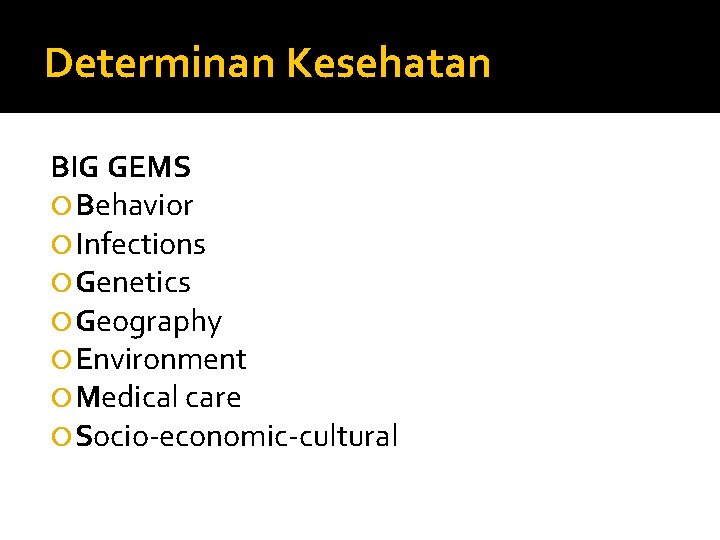 Determinan Kesehatan BIG GEMS Behavior Infections Genetics Geography Environment Medical care Socio-economic-cultural 