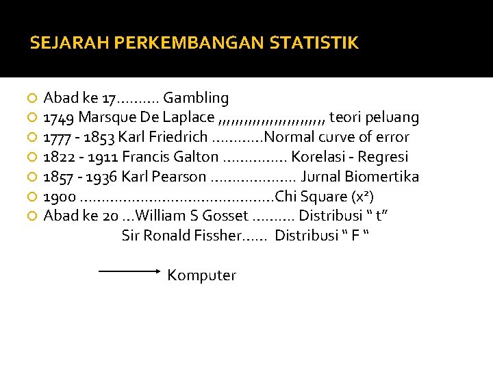 SEJARAH PERKEMBANGAN STATISTIK Abad ke 17………. Gambling 1749 Marsque De Laplace , , ,