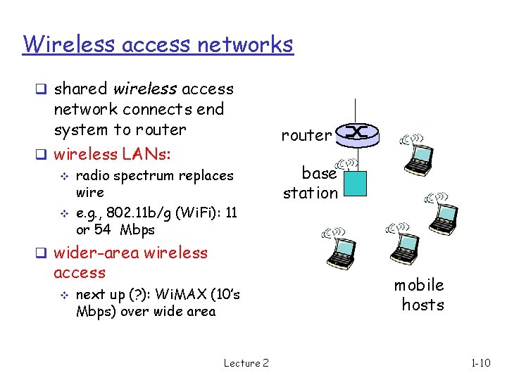 Wireless access networks q shared wireless access network connects end system to router q