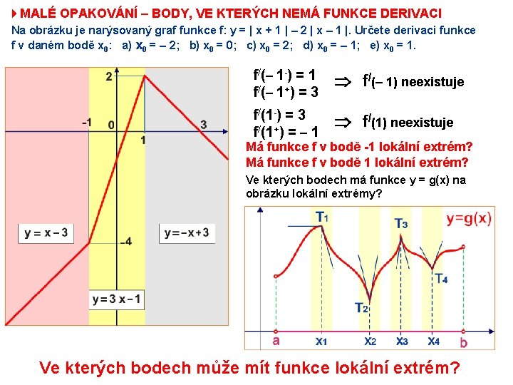 4 MALÉ OPAKOVÁNÍ – BODY, VE KTERÝCH NEMÁ FUNKCE DERIVACI Na obrázku je narýsovaný