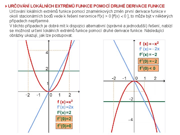 4 URČOVÁNÍ LOKÁLNÍCH EXTRÉMŮ FUNKCE POMOCÍ DRUHÉ DERIVACE FUNKCE Určování lokálních extrémů funkce pomocí