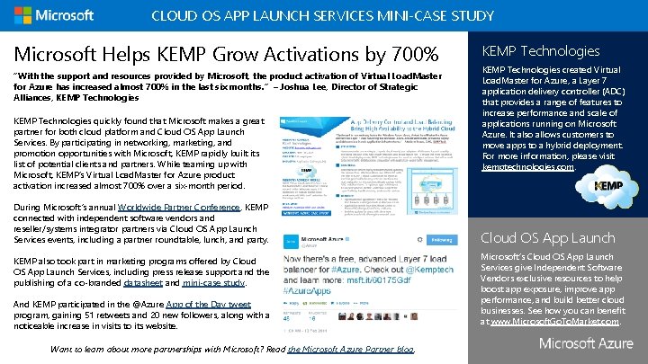 CLOUD OS APP LAUNCH SERVICES MINI-CASE STUDY Microsoft Helps KEMP Grow Activations by 700%