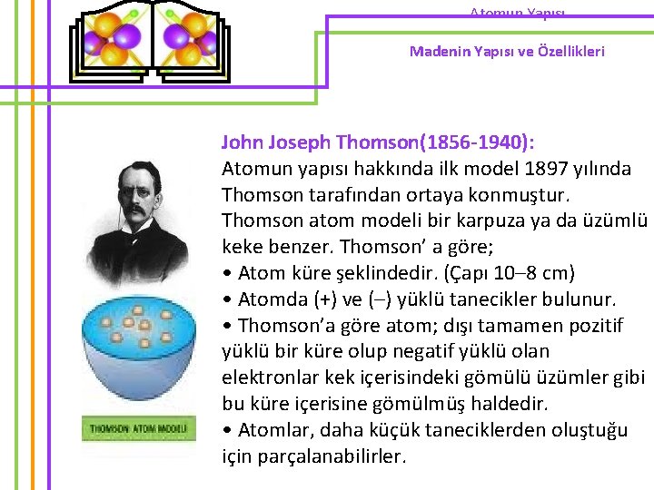 Atomun Yapısı Madenin Yapısı ve Özellikleri John Joseph Thomson(1856 -1940): Atomun yapısı hakkında ilk