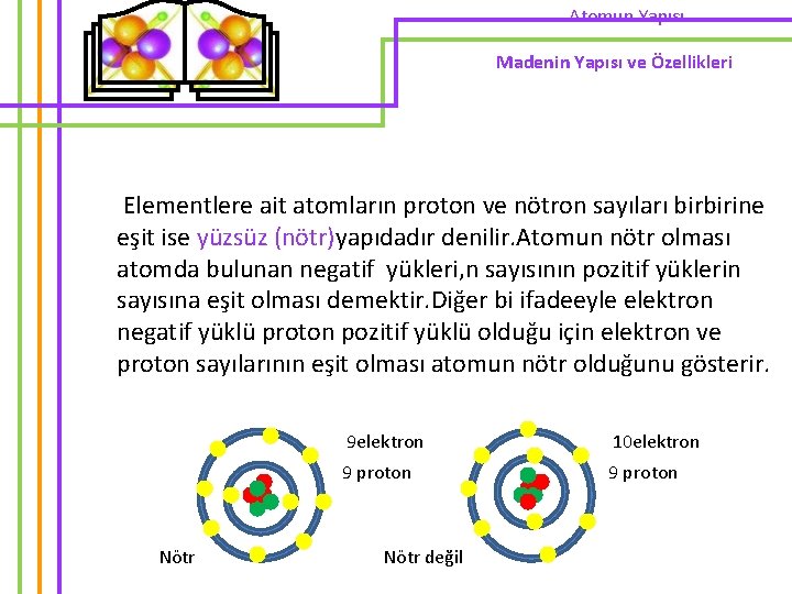 Atomun Yapısı Madenin Yapısı ve Özellikleri Elementlere ait atomların proton ve nötron sayıları birbirine