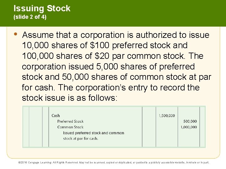 Issuing Stock (slide 2 of 4) • Assume that a corporation is authorized to