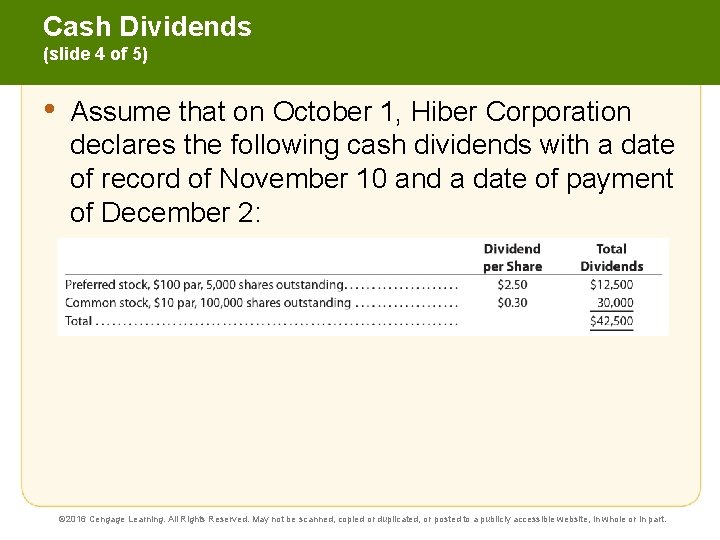 Cash Dividends (slide 4 of 5) • Assume that on October 1, Hiber Corporation