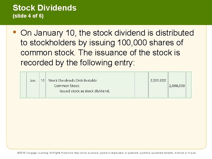 Stock Dividends (slide 4 of 6) • On January 10, the stock dividend is
