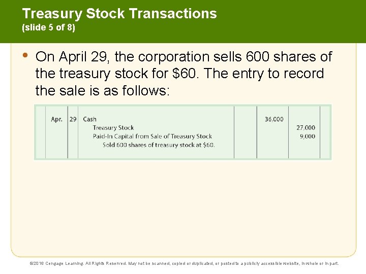 Treasury Stock Transactions (slide 5 of 8) • On April 29, the corporation sells