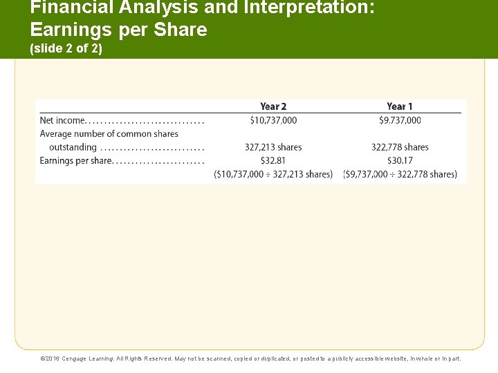 Financial Analysis and Interpretation: Earnings per Share (slide 2 of 2) © 2016 Cengage