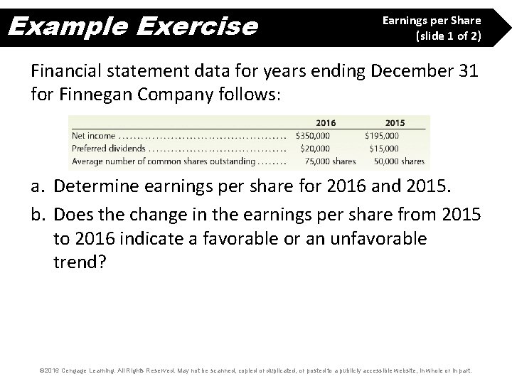 Example Exercise Earnings per Share (slide 1 of 2) Financial statement data for years