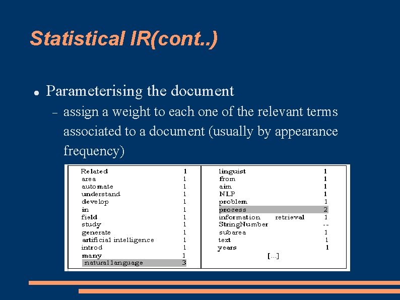 Statistical IR(cont. . ) Parameterising the document assign a weight to each one of