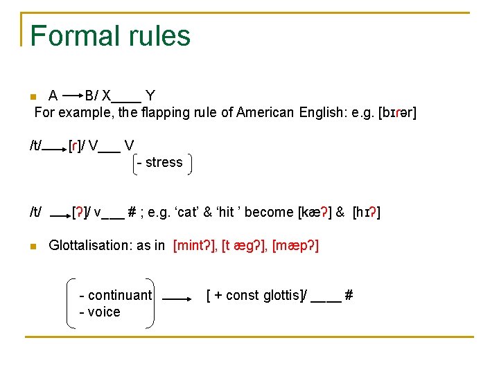Formal rules A B/ X____ Y For example, the flapping rule of American English: