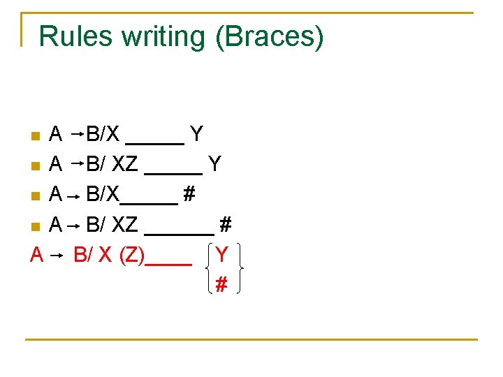 Rules writing (Braces) n n A A A B/X _____ Y B/ XZ _____