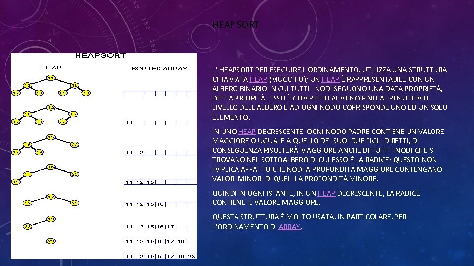 HEAP SORT L' HEAPSORT PER ESEGUIRE L'ORDINAMENTO, UTILIZZA UNA STRUTTURA CHIAMATA HEAP (MUCCHIO); UN