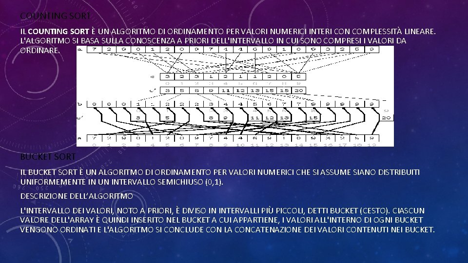 COUNTING SORT IL COUNTING SORT È UN ALGORITMO DI ORDINAMENTO PER VALORI NUMERICI INTERI