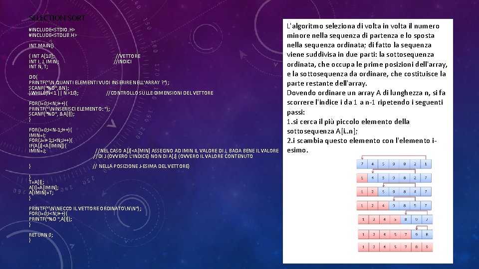 SELECTION SORT #INCLUDE<STDIO. H> #INCLUDE<STDLIB. H> INT MAIN() { INT A[10]; INT I, J,