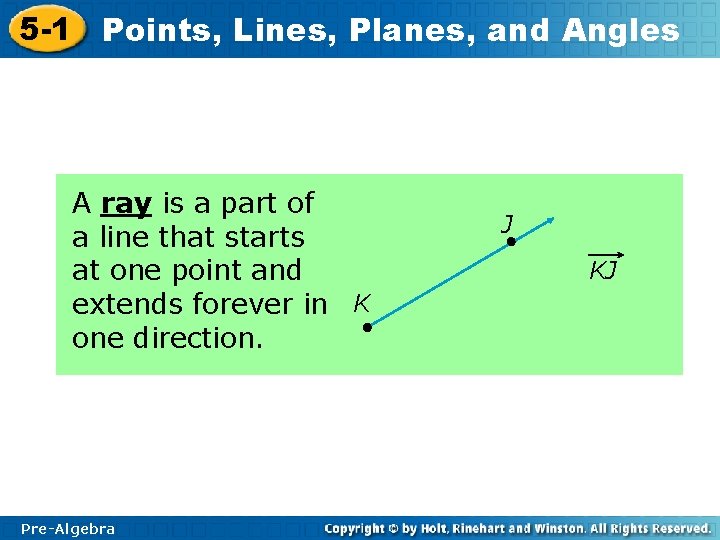 5 -1 Points, Lines, Planes, and Angles A ray is a part of a