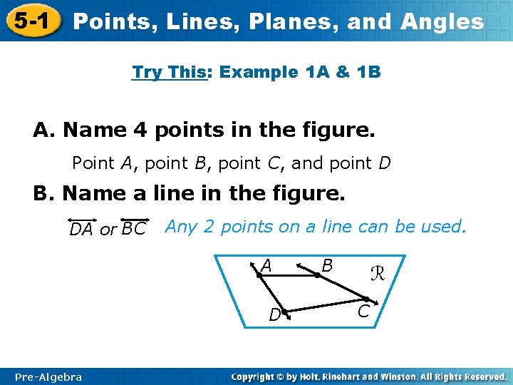 5 -1 Points, Lines, Planes, and Angles Try This: Example 1 A & 1