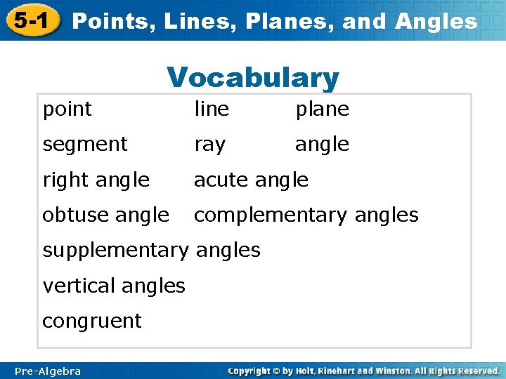 5 -1 Points, Lines, Planes, and Angles point Vocabulary line plane segment ray angle