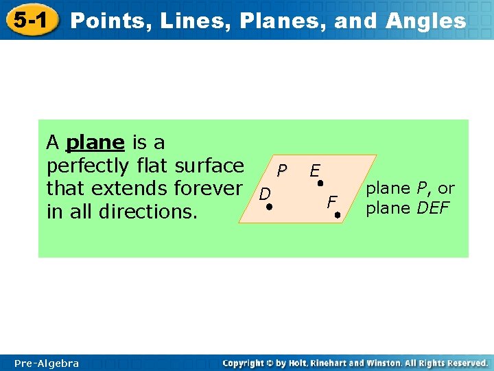 5 -1 Points, Lines, Planes, and Angles A plane is a perfectly flat surface