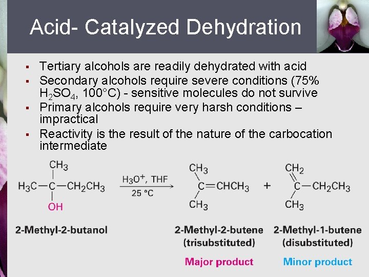 Acid- Catalyzed Dehydration § § Tertiary alcohols are readily dehydrated with acid Secondary alcohols