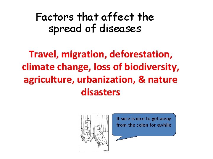 Factors that affect the spread of diseases Travel, migration, deforestation, climate change, loss of