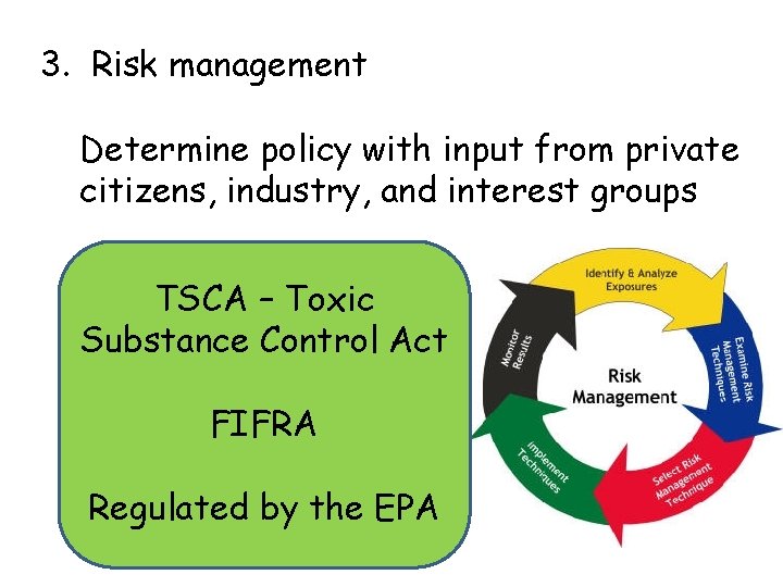 3. Risk management Determine policy with input from private citizens, industry, and interest groups