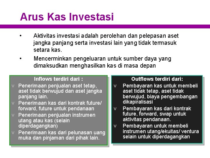 Arus Kas Investasi • • v v Aktivitas investasi adalah perolehan dan pelepasan aset