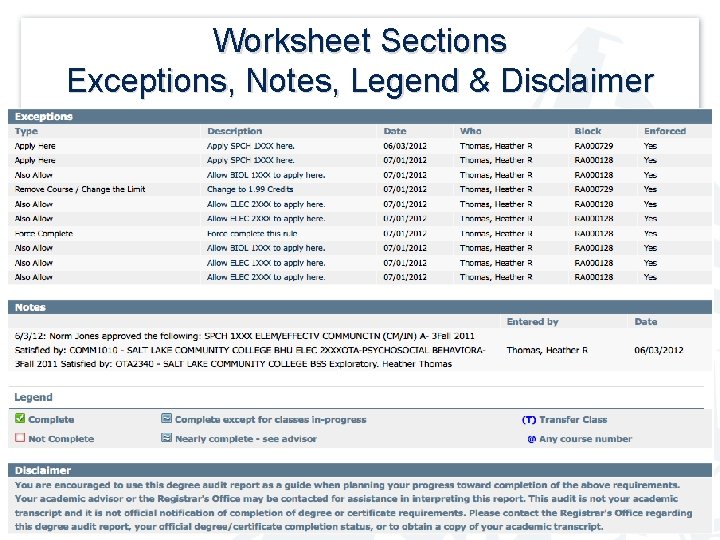 Worksheet Sections Exceptions, Notes, Legend & Disclaimer 