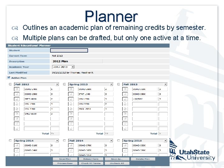 Planner Outlines an academic plan of remaining credits by semester. Multiple plans can be