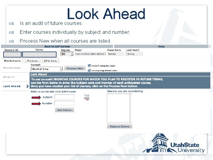 Look Ahead Is an audit of future courses. Enter courses individually by subject and