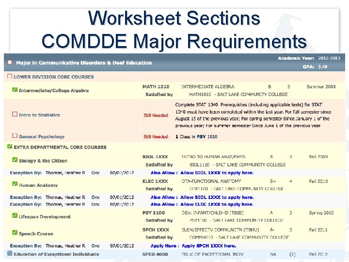 Worksheet Sections COMDDE Major Requirements 