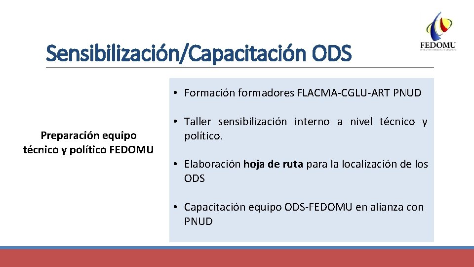 Sensibilización/Capacitación ODS • Formación formadores FLACMA-CGLU-ART PNUD Preparación equipo técnico y político FEDOMU •
