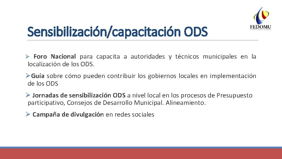 Sensibilización/capacitación ODS Ø Foro Nacional para capacita a autoridades y técnicos municipales en la