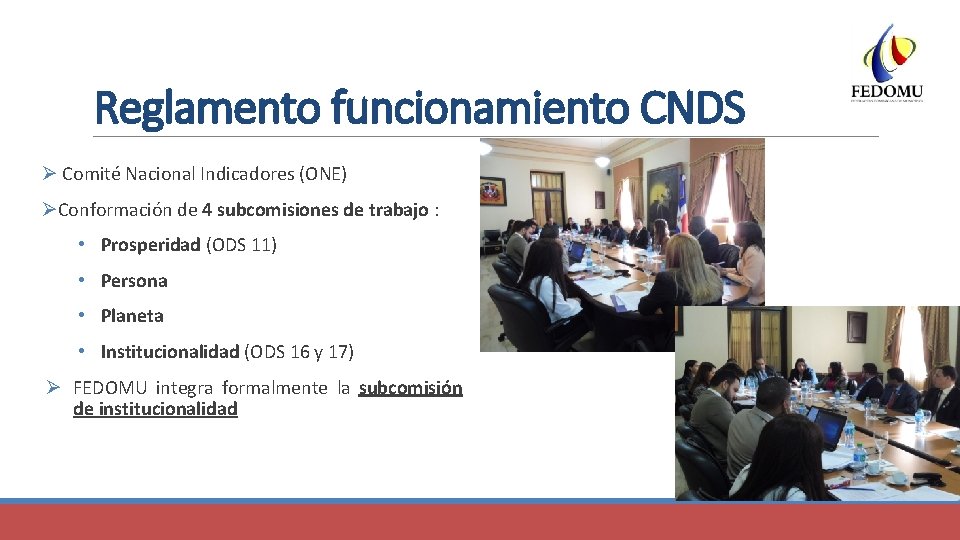 Reglamento funcionamiento CNDS Ø Comité Nacional Indicadores (ONE) ØConformación de 4 subcomisiones de trabajo