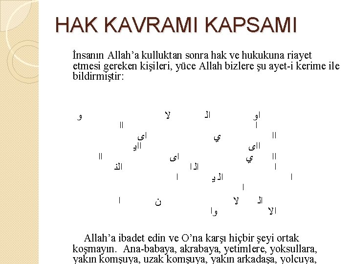 HAK KAVRAMI KAPSAMI İnsanın Allah’a kulluktan sonra hak ve hukukuna riayet etmesi gereken kişileri,