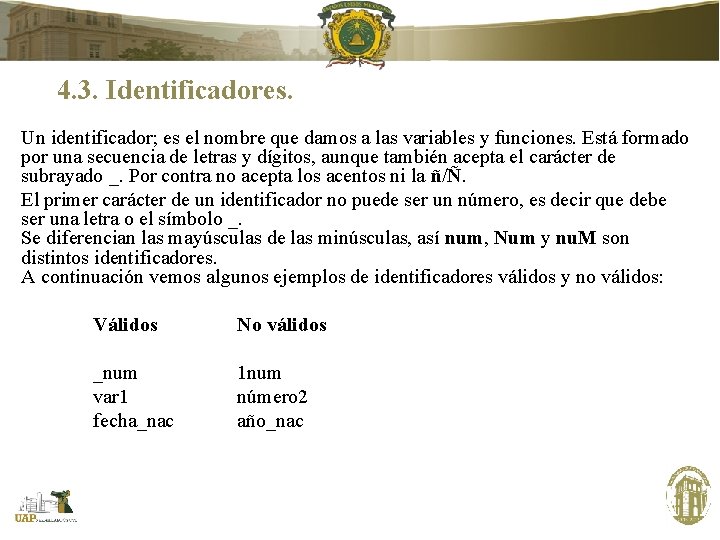 4. 3. Identificadores. Un identificador; es el nombre que damos a las variables y