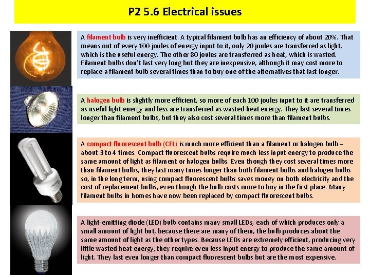 P 2 5. 6 Electrical issues A filament bulb is very inefficient. A typical