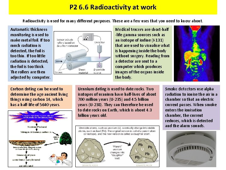 P 2 6. 6 Radioactivity at work Radioactivity is used for many different purposes.