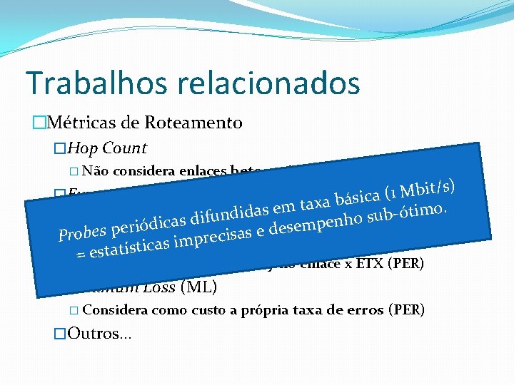 Trabalhos relacionados �Métricas de Roteamento �Hop Count � Não considera enlaces heterogêneos ) s