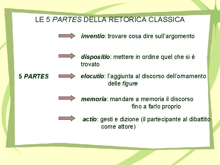 LE 5 PARTES DELLA RETORICA CLASSICA inventio: trovare cosa dire sull’argomento dispositio: mettere in