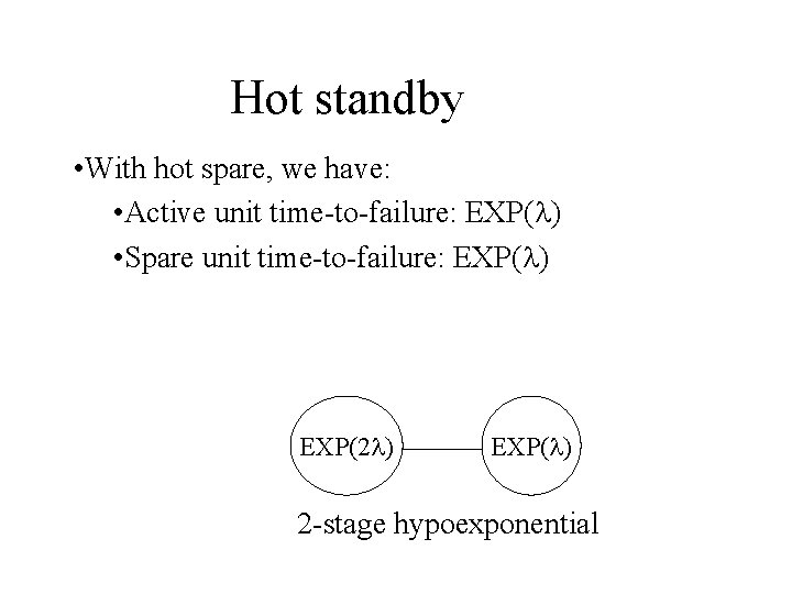 Hot standby • With hot spare, we have: • Active unit time-to-failure: EXP( ) Hot standby • With hot spare, we have: • Active unit time-to-failure: EXP( )