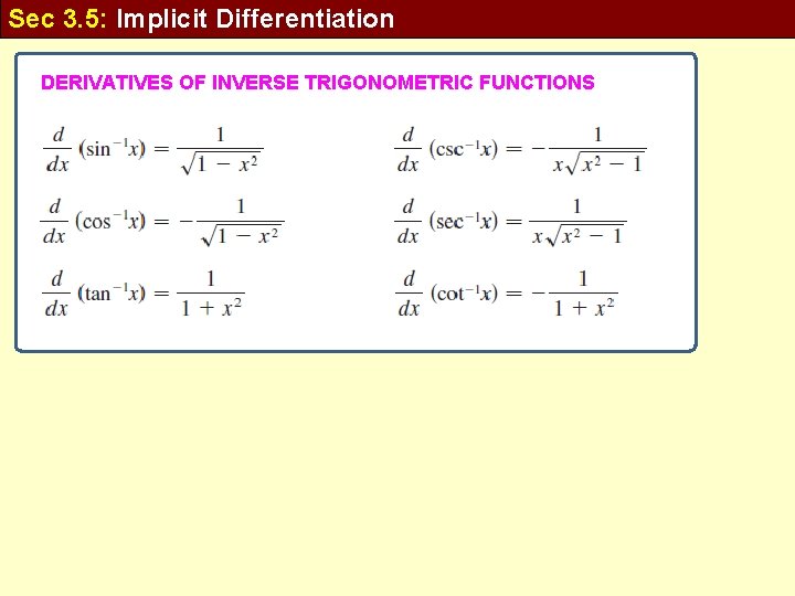 Sec 3. 5: Implicit Differentiation DERIVATIVES OF INVERSE TRIGONOMETRIC FUNCTIONS 