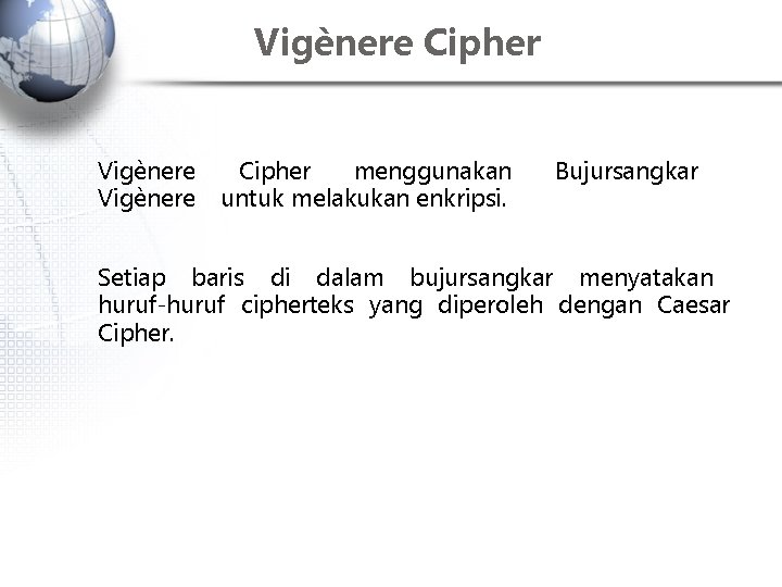 Vigènere Cipher menggunakan untuk melakukan enkripsi. Bujursangkar Setiap baris di dalam bujursangkar menyatakan huruf-huruf